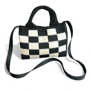 Black and Creamy White Check Knit Handbag with Shoulder Strap